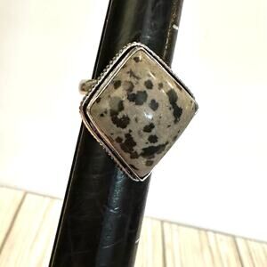 Geometric Dalmatian Jasper handmade ring stamped 925 silver overlay adjustable